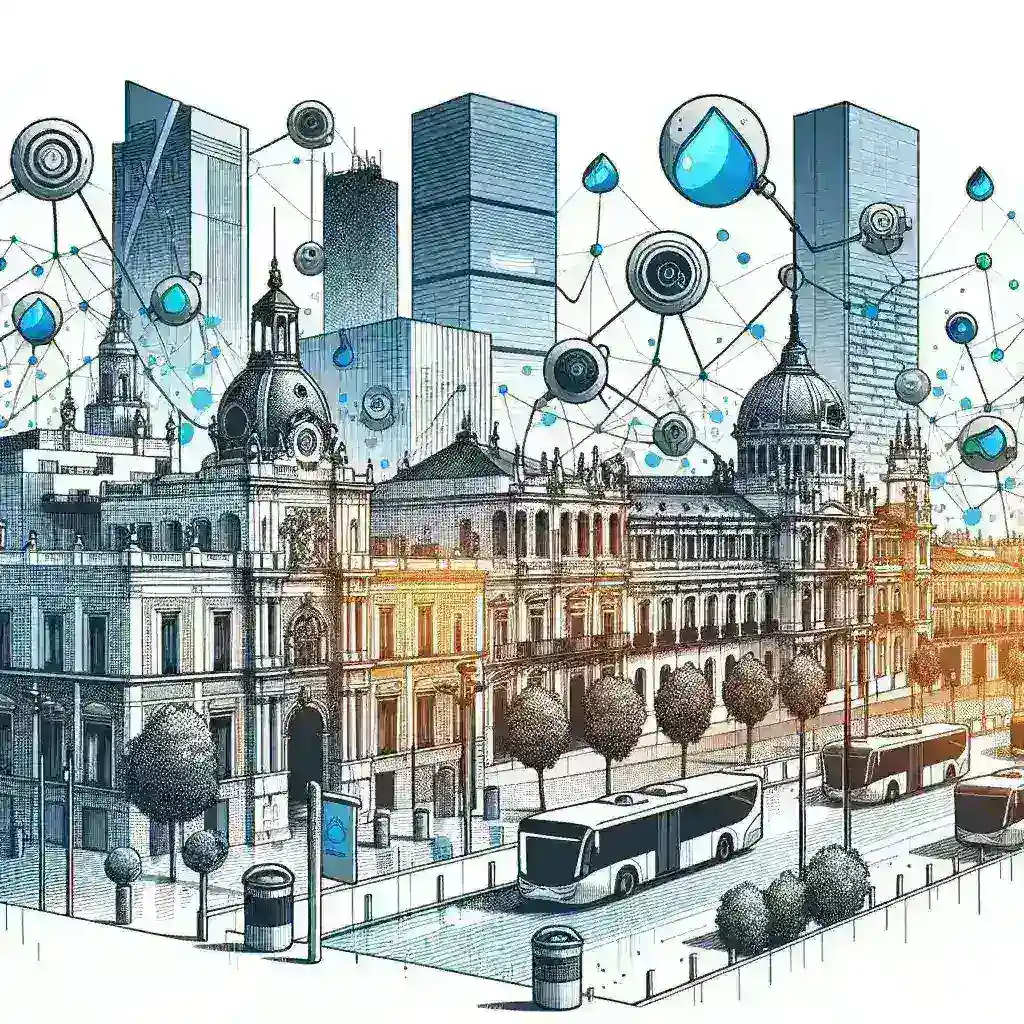 "Sensor de monitorización de agua instalado en una ciudad española, mostrando datos en tiempo real sobre el consumo de agua para mejorar la gestión de recursos hídricos."
