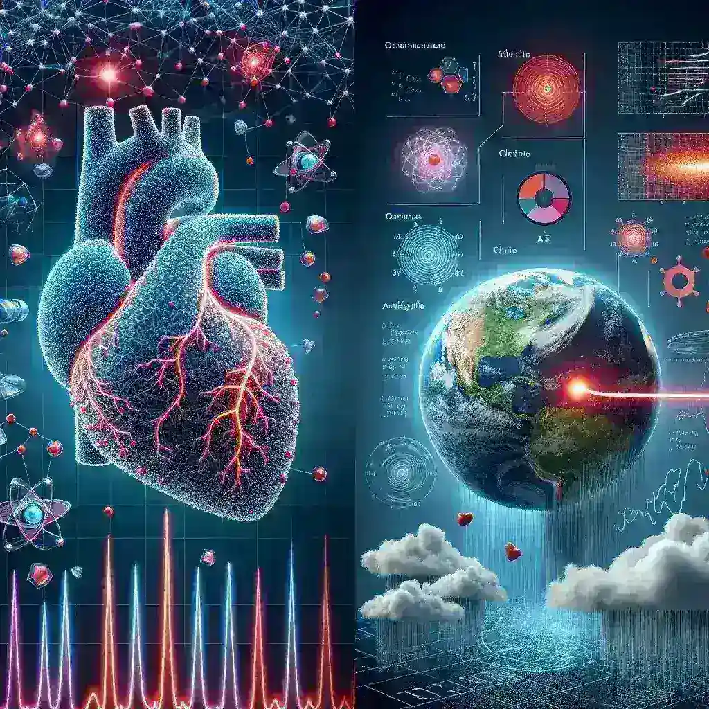 "Visualización de simulaciones de alta performance en HPC y IA, representando un modelo del corazón humano y predicciones climáticas avanzadas."