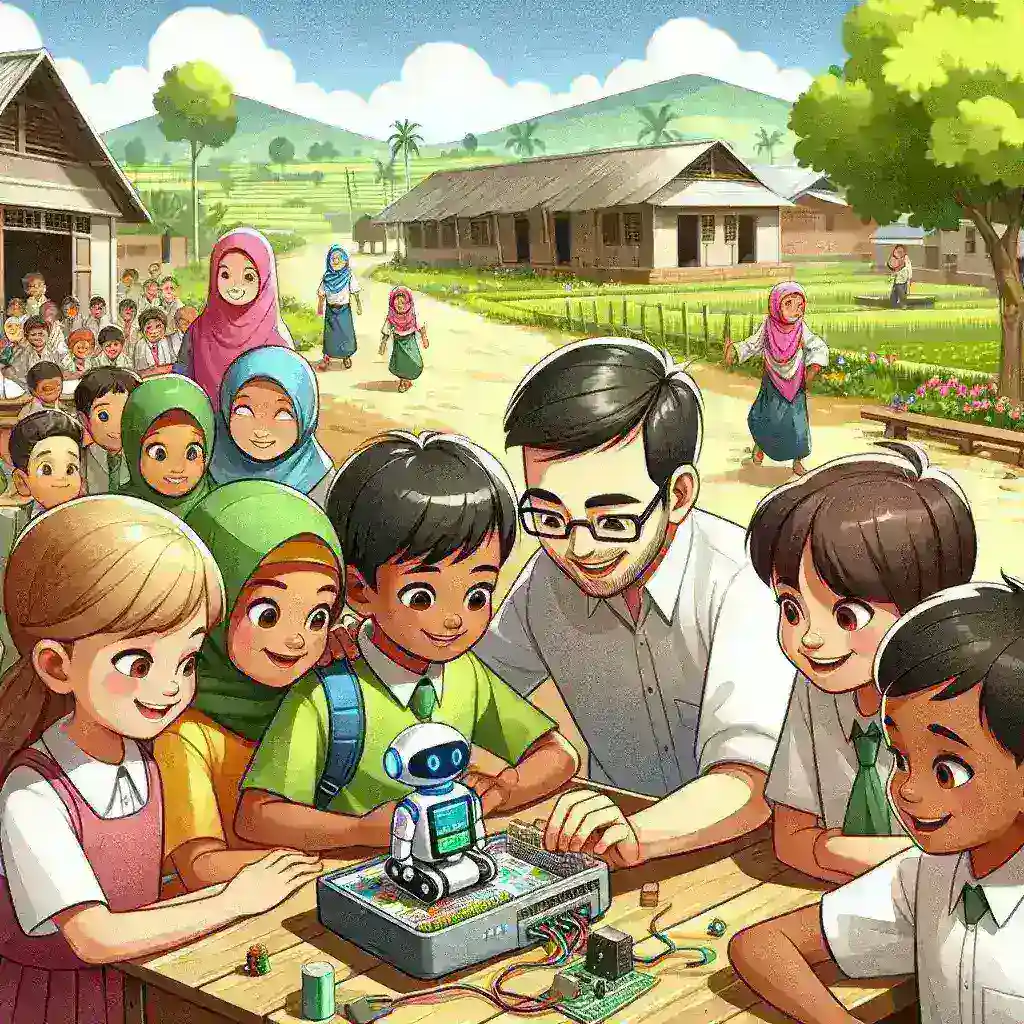 "Estudiantes de una escuela rural interactuando con robots educativos, fomentando el aprendizaje digital y la innovación tecnológica en el aula."